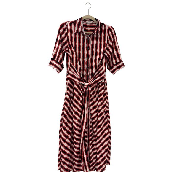 Eshakti Women's Red and Black Tie waist stripe print crepe shirtdress size Large - Picture 2 of 7